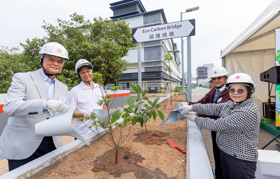 四位嘉賓在「碳匯綠橋」率先植下一樹一花,分別是鴨腳木(左)和紅杜鵑。